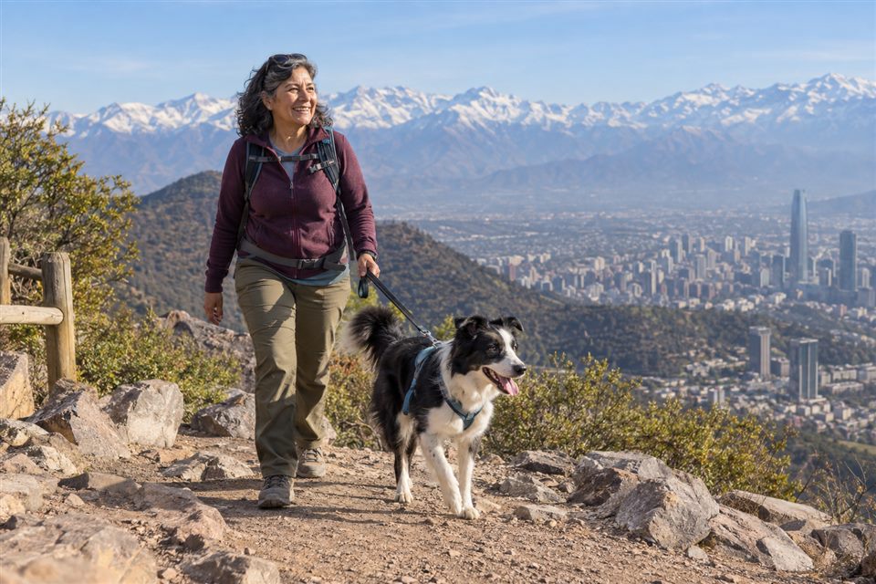 Viajera con su perro frente a los Andes en Chile