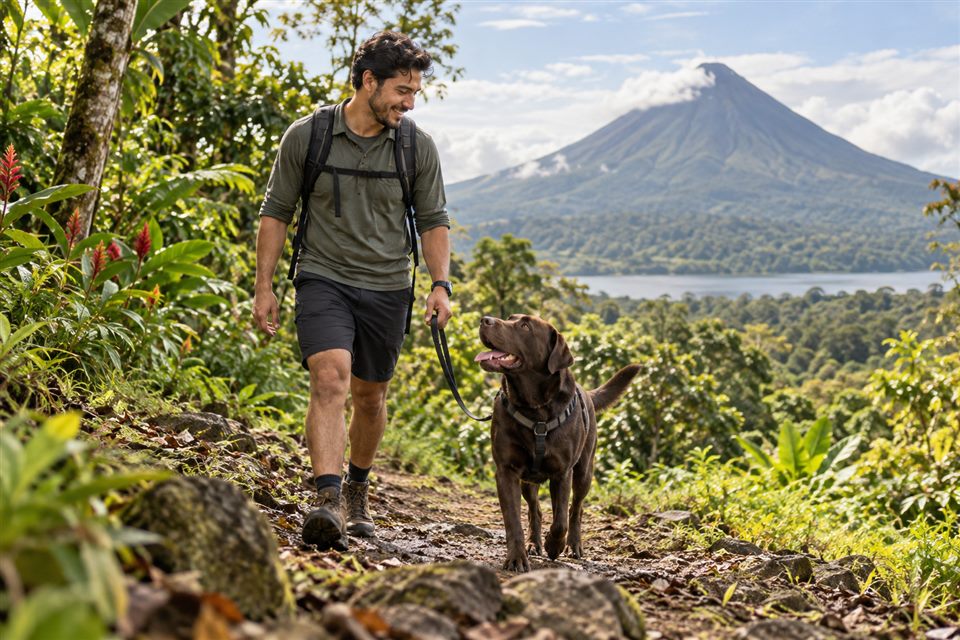 Joven viajando con su perro grande en Costa Rica