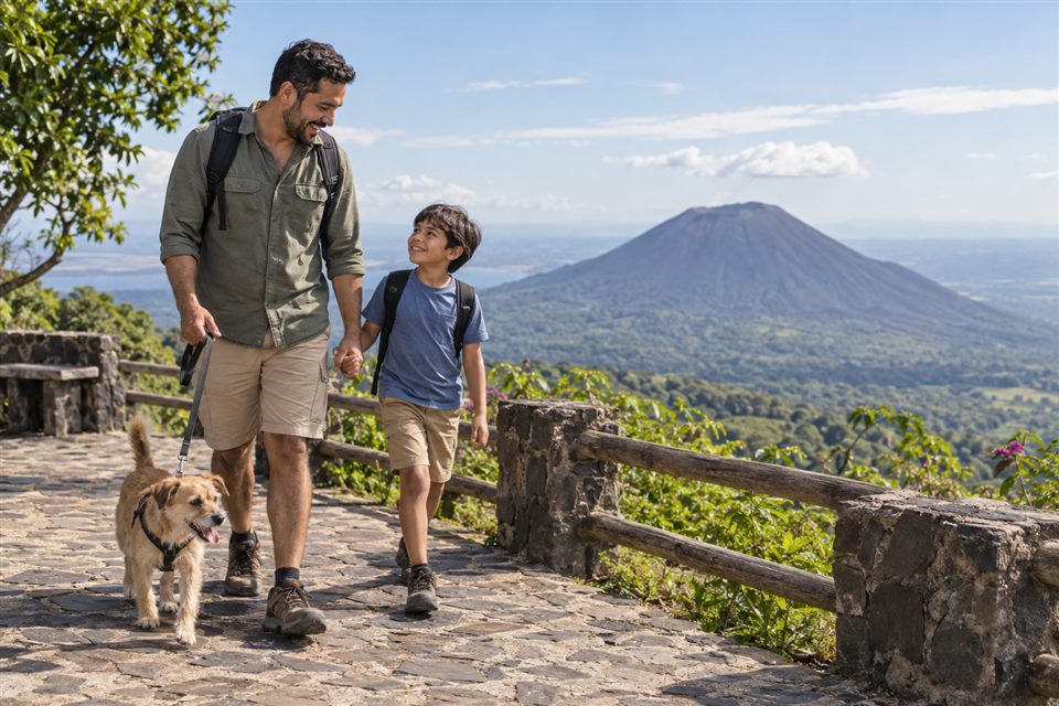 Padre e hijo viajando con su perrito en El Salvador