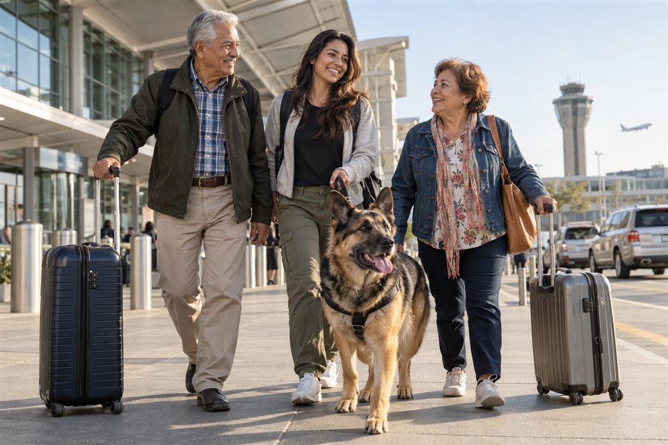 Familia latina llegando a Estados Unidos con su perro