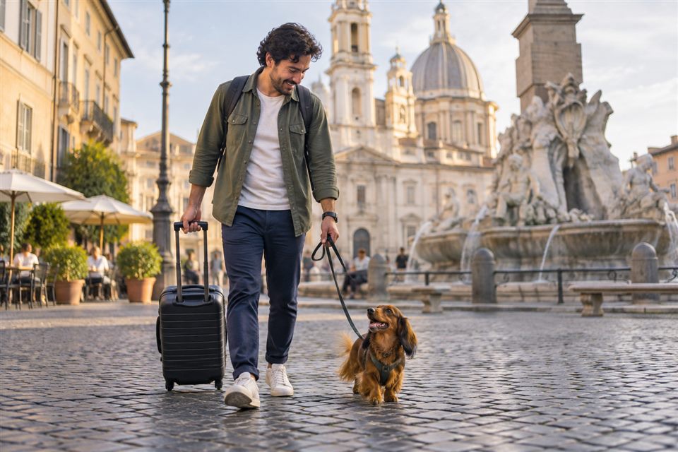 Viajero latino recorriendo Europa con su perro pequeño