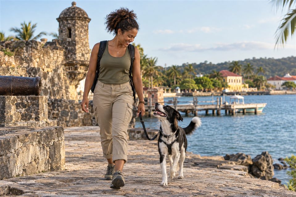 Viajera paseando con su perro mestizo en Honduras