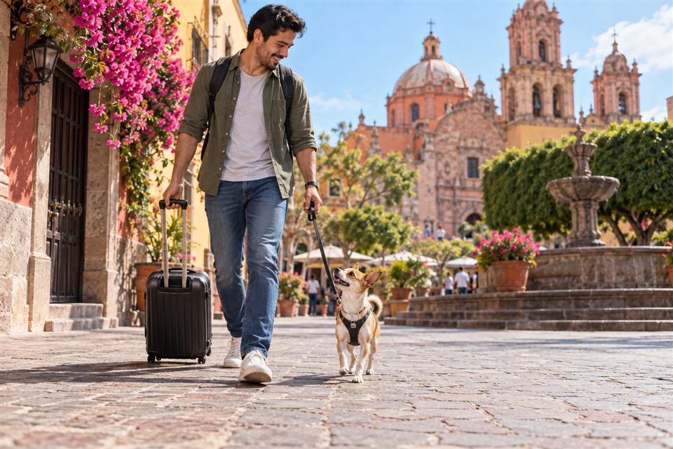 Viajero latino caminando con su perro pequeño en México