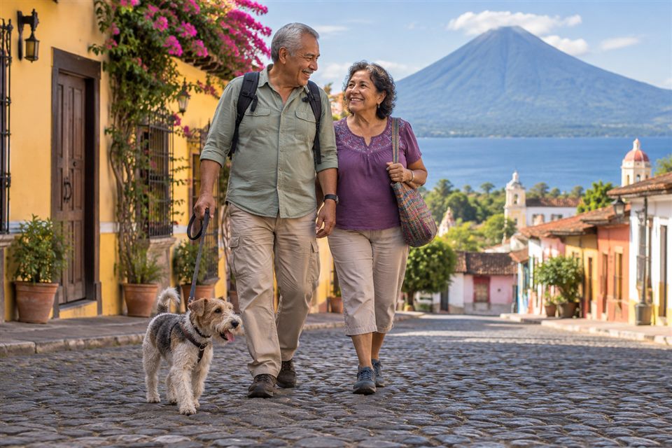 Pareja adulta viajando con su perro pequeño en Nicaragua
