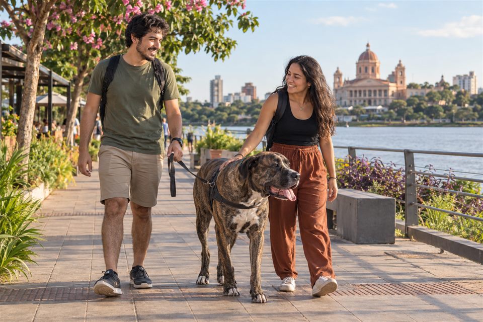 Pareja viajando con su perro mestizo grande en Paraguay